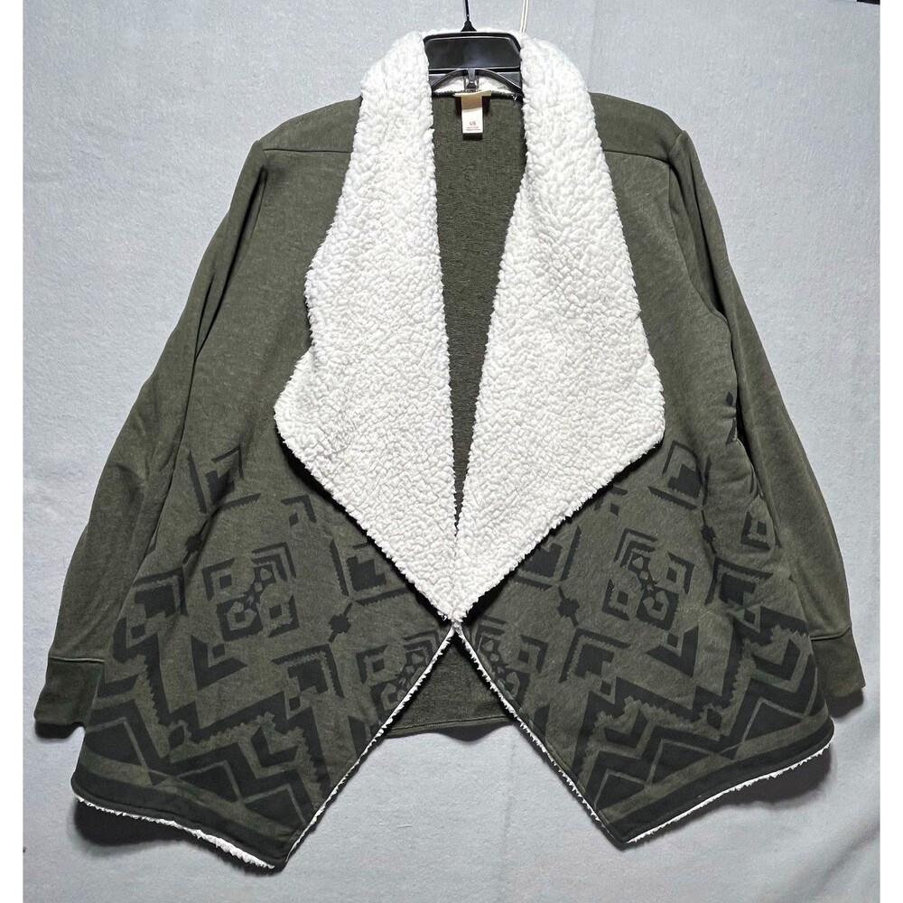 Mossimo Supply Co. Women's L Green/White Faux Fur Shawl Geometric Open Cardigan